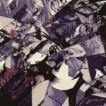 Abstract chaotic collage of jagged purple, black, cream shapes with red accents.